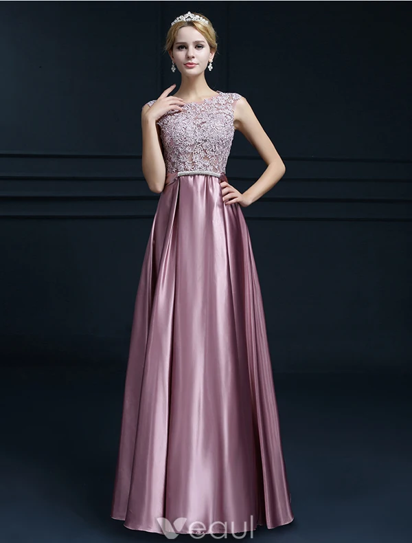 Elegantes Sleeveless Abendkleider 2016 A-line Rundhalsausschnitt spitze Rüsche Satin Langen Abendkleid Mit Schleife-schärpe