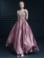 Elegantes Sleeveless Abendkleider 2016 A-line Rundhalsausschnitt spitze Rüsche Satin Langen Abendkleid Mit Schleife-schärpe