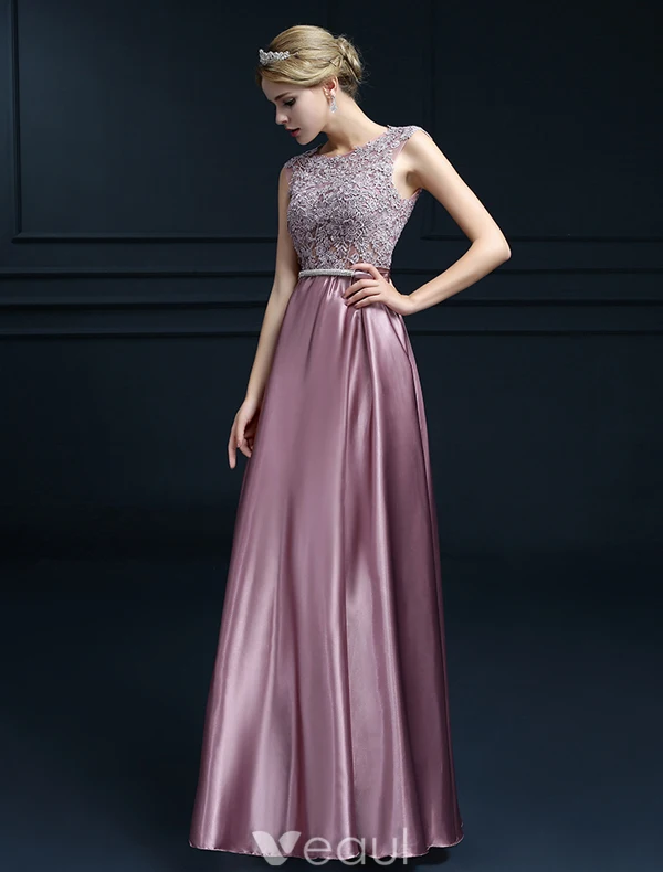 Elegantes Sleeveless Abendkleider 2016 A-line Rundhalsausschnitt spitze Rüsche Satin Langen Abendkleid Mit Schleife-schärpe