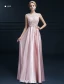 Elegantes Sleeveless Abendkleider 2016 A-line Rundhalsausschnitt spitze Rüsche Satin Langen Abendkleid Mit Schleife-schärpe