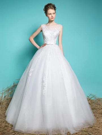 Lente Trouwjurken 2016 Prachtig Plein Nek Applique Kant Backless Baljurk Bruidsjurk