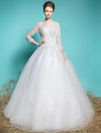 Elegant Wedding Dresses 2016 Ball Gown V Neck Applique Lace Beading Sequins 3 4 Sleeves Bridal Gown