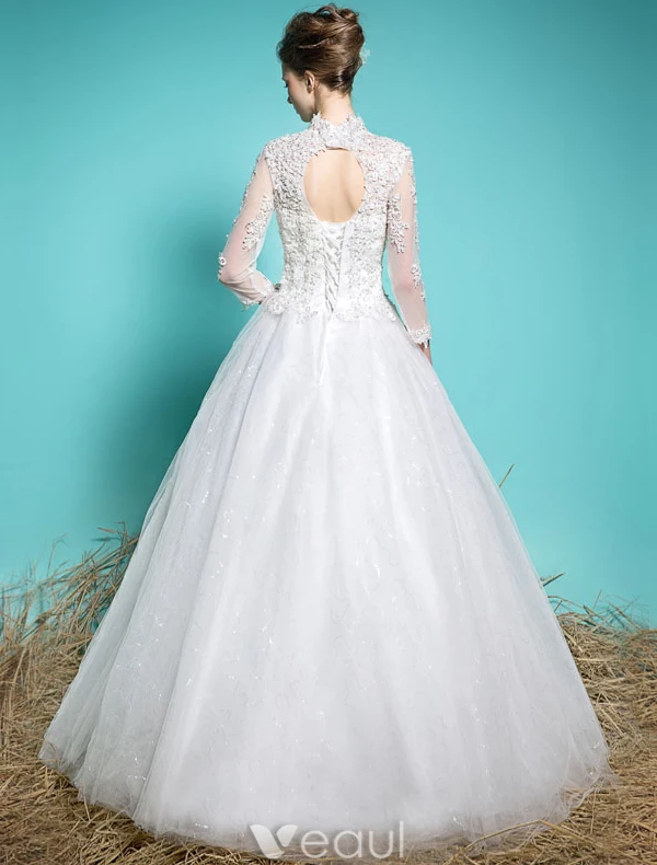 Robe De Mariée Élégantes 2016 Robe De Bal V-cou Dentelle Appliques Perles Paillettes Robe De Mariée Manches 3/4