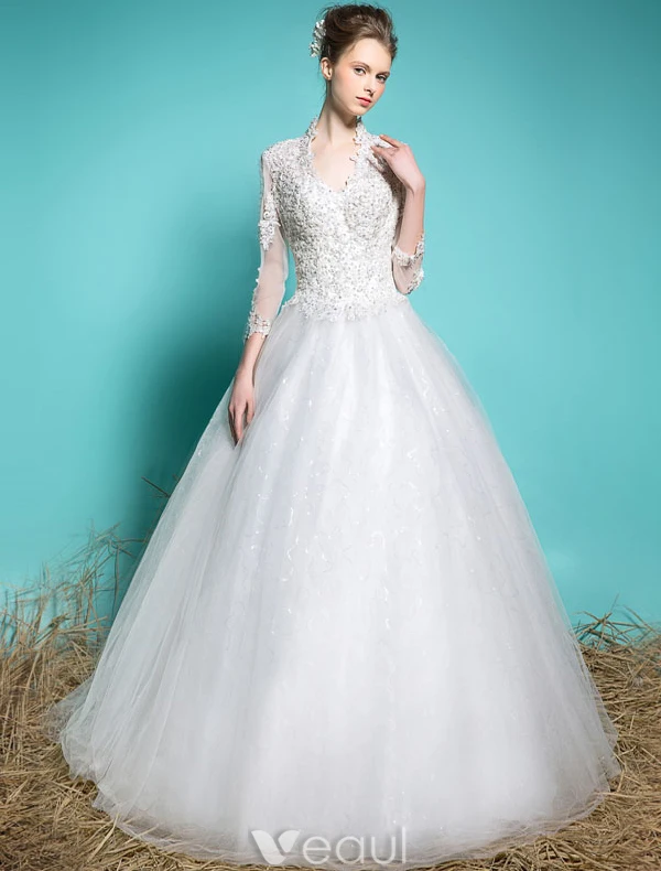 Robe De Mariée Élégantes 2016 Robe De Bal V-cou Dentelle Appliques Perles Paillettes Robe De Mariée Manches 3/4