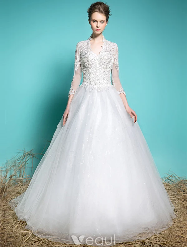Robe De Mariée Élégantes 2016 Robe De Bal V-cou Dentelle Appliques Perles Paillettes Robe De Mariée Manches 3/4