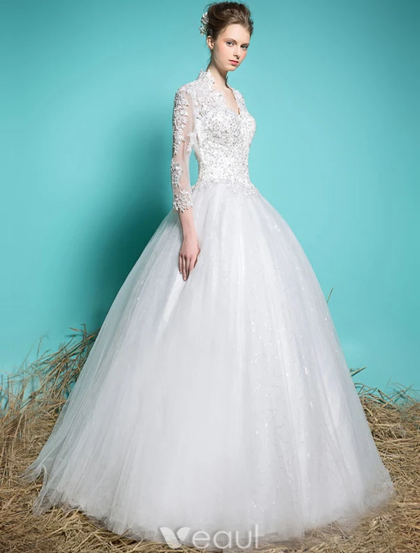 Robe De Mariée Élégantes 2016 Robe De Bal V-cou Dentelle Appliques Perles Paillettes Robe De Mariée Manches 3/4
