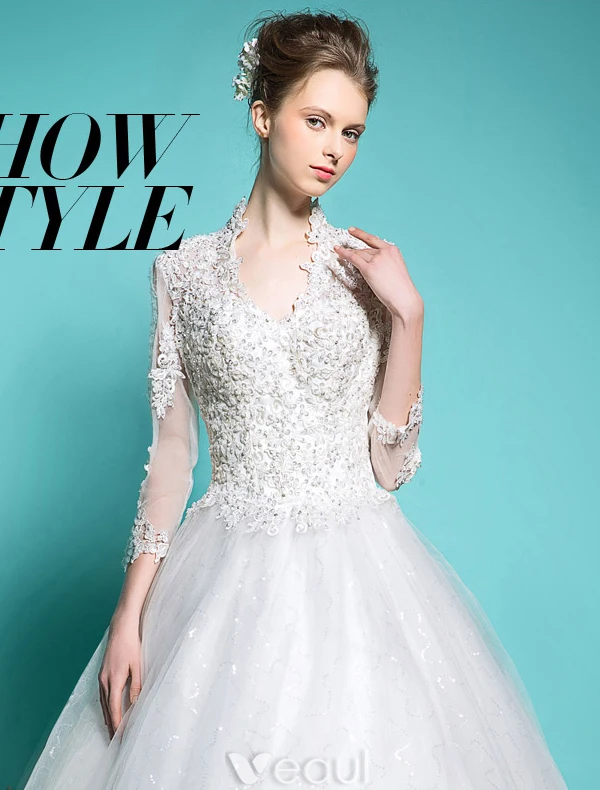 Robe De Mariée Élégantes 2016 Robe De Bal V-cou Dentelle Appliques Perles Paillettes Robe De Mariée Manches 3/4