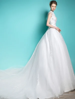 Elegant Pincess Wedding Dresses 2016 A Line High Neck Beading Sequins Applique Lace Bridal Gown With Long Tailing