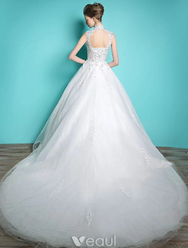 Elegant Pincess Wedding Dresses 2016 A-line High Neck Beading Sequins Applique Lace Bridal Gown With Long Tailing