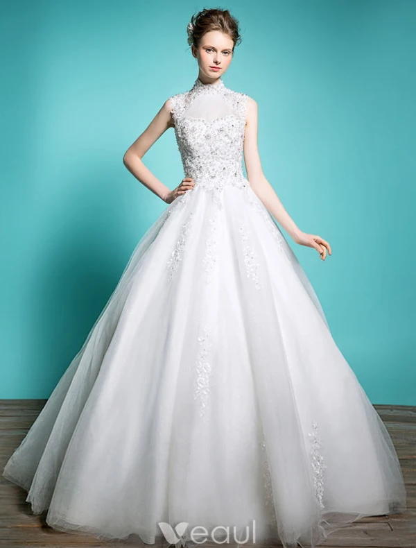 Elegant Pincess Wedding Dresses 2016 A-line High Neck Beading Sequins Applique Lace Bridal Gown With Long Tailing