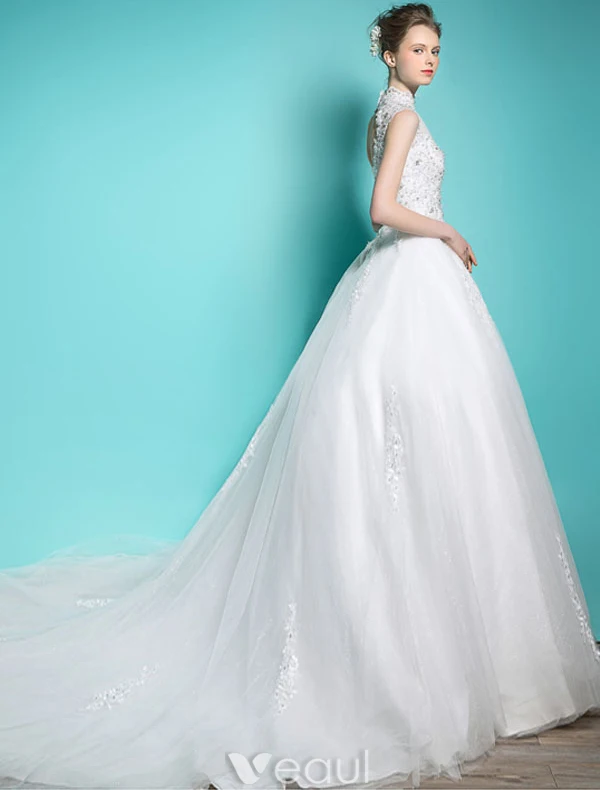 Elegant Pincess Wedding Dresses 2016 A-line High Neck Beading Sequins Applique Lace Bridal Gown With Long Tailing
