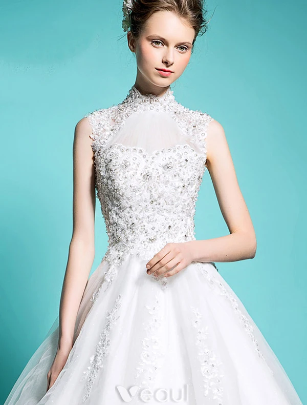 Elegant Pincess Wedding Dresses 2016 A-line High Neck Beading Sequins Applique Lace Bridal Gown With Long Tailing
