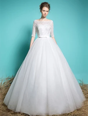 Robe De Mariée Pas Cher 2016 Élégantes Paillettes De Perles Au Cou Carré 1 2 Manches À Volants Blanche Robe De Tulle À Bille Avec Ceinture