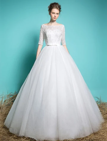Goedkope Trouwjurken 2016 Elegante Vierkante Hals Kralen Pailletten 1 2 Mouwen Witte Ruche Tule Baljurk Met Sjerp
