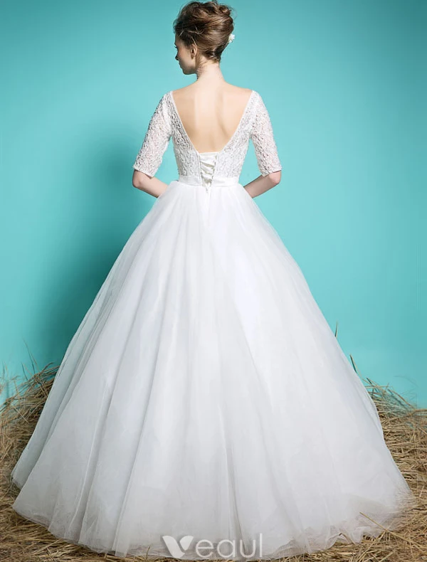 Billige Brautkleider 2016 Elegante Quadratische Ausschnitt Sicken Pailletten 1/2 Ärmel Weißen Rüsche Tulle Ballkleid Mit Schärpe