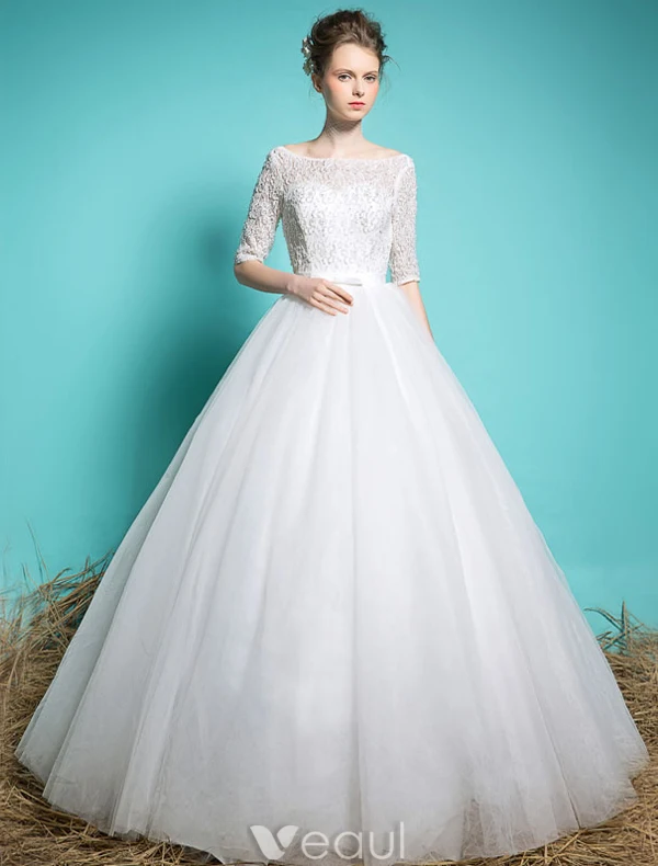 Billige Brautkleider 2016 Elegante Quadratische Ausschnitt Sicken Pailletten 1/2 Ärmel Weißen Rüsche Tulle Ballkleid Mit Schärpe