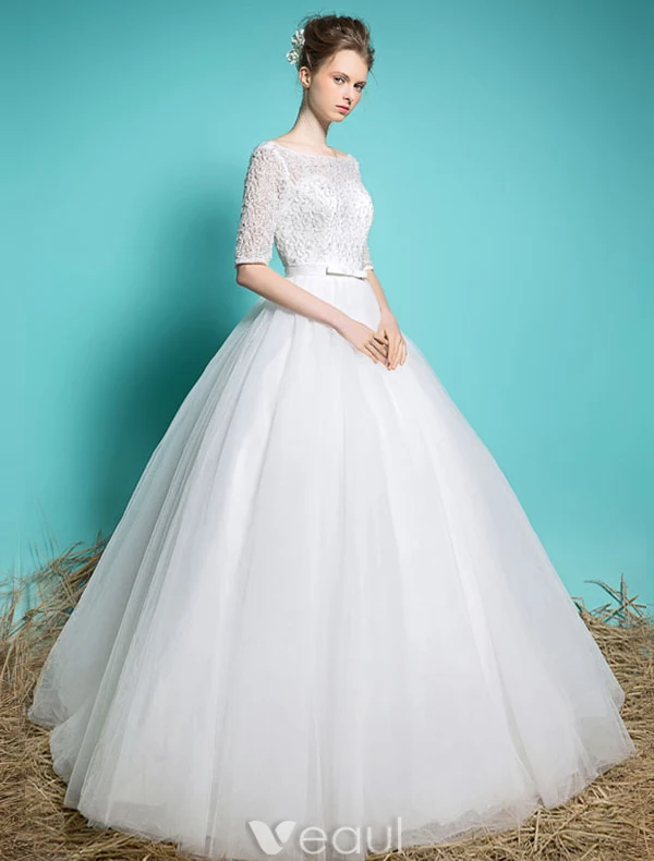 Billige Brautkleider 2016 Elegante Quadratische Ausschnitt Sicken Pailletten 1/2 Ärmel Weißen Rüsche Tulle Ballkleid Mit Schärpe