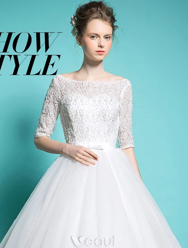 Billige Brautkleider 2016 Elegante Quadratische Ausschnitt Sicken Pailletten 1/2 Ärmel Weißen Rüsche Tulle Ballkleid Mit Schärpe