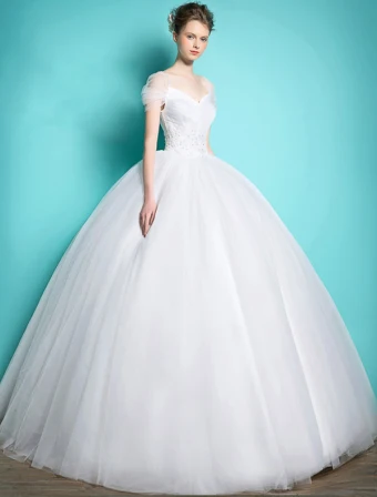 Princess Wedding Dresses 2016 Ball Gown V Neck Cap Sleeves Ruffle Tulle Backless Bridal Gown
