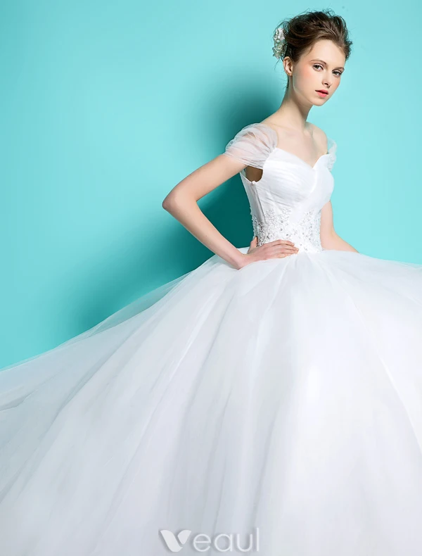 Princess Suknie Ślubne 2016 Suknia Balowa Rękawy Serek Wzburzyć Tiulu Backless Sukni Ślubnej