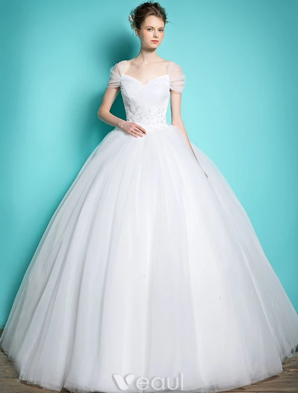 Princess Suknie Ślubne 2016 Suknia Balowa Rękawy Serek Wzburzyć Tiulu Backless Sukni Ślubnej
