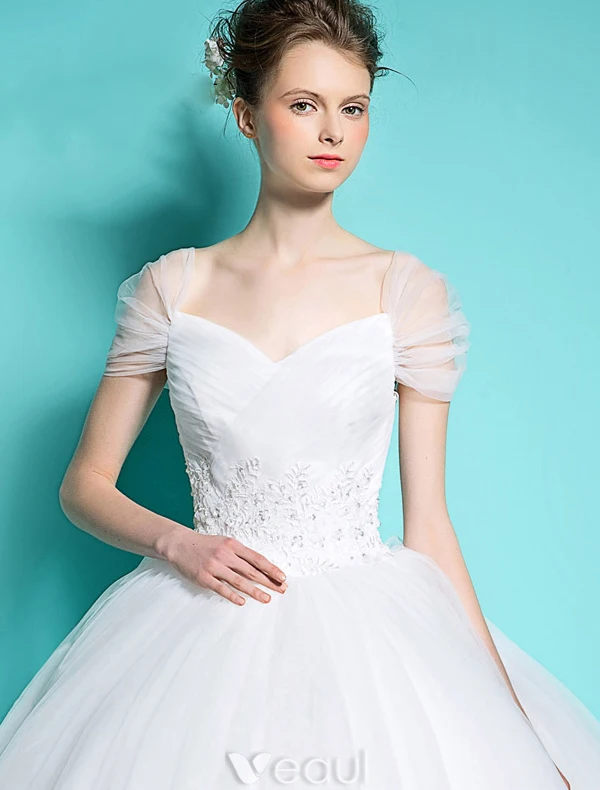 Princess Suknie Ślubne 2016 Suknia Balowa Rękawy Serek Wzburzyć Tiulu Backless Sukni Ślubnej