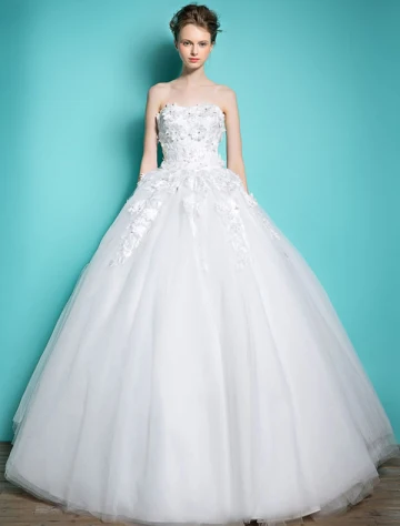 Prachtige Bruidsjurken 2016 Baljurk Strapless Applique Kant En Bloemen Kralen Strass Ruglooze Bruidsjurk