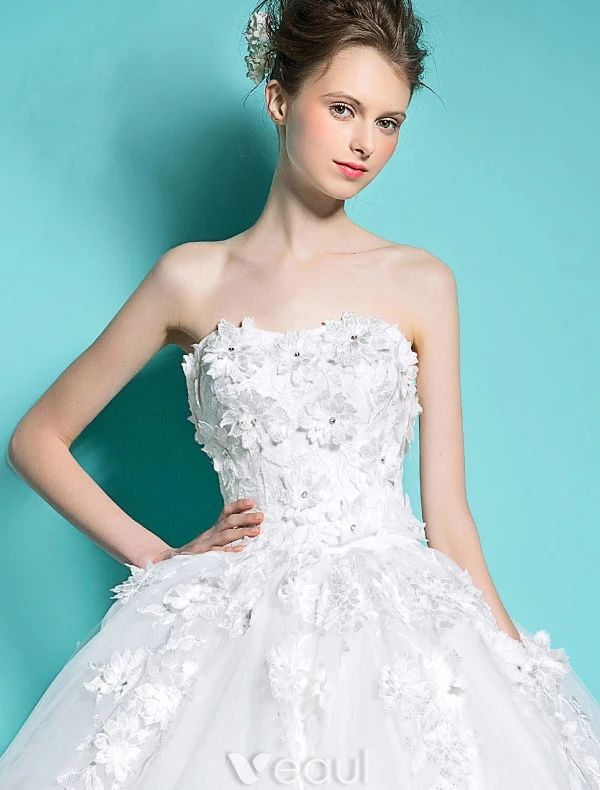 Schöne Brautkleider 2016 Ballkleid Spitze Und Blumen Sicken Strass Rückenfrei Brautkleid