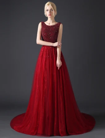 Robes De Soirée Glamour 2016 Une Ligne De Paillettes Décolleté Perlage En Dentelle Bordeaux Tulle Robe De Bal Dos Nu