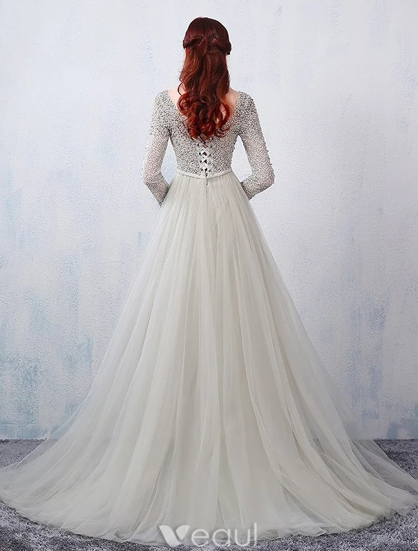 Glamorous Evening Dresses 2016 A-line Square Neckline Beading Lace Grey Tulle Backless Evening Dress