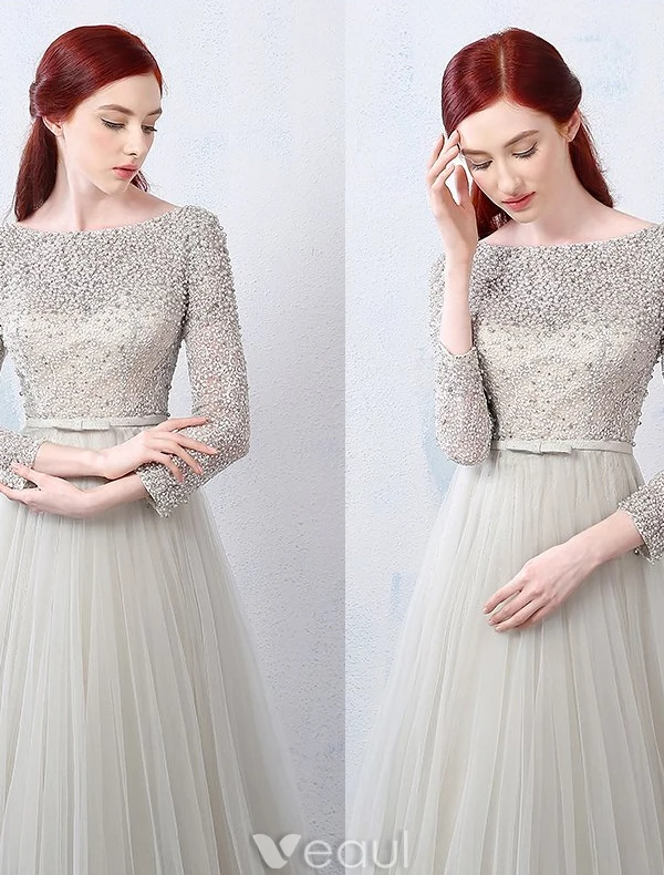 Glamorous Evening Dresses 2016 A-line Square Neckline Beading Lace Grey Tulle Backless Evening Dress