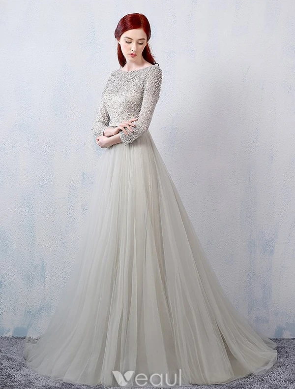 Glamorous Evening Dresses 2016 A-line Square Neckline Beading Lace Grey Tulle Backless Evening Dress