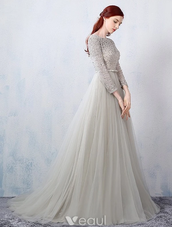Glamorous Evening Dresses 2016 A-line Square Neckline Beading Lace Grey Tulle Backless Evening Dress