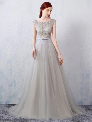 Robe De Soirée Glamour 2016 Une Ligne Perlage Conception Percée De Robe Dos Nu En Dentelle Grise En Tulle