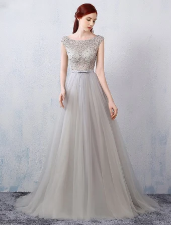 Glamorous Evening Dresses 2016 A Line Beading Pierced Design Grey Lace Tulle Backless Dress