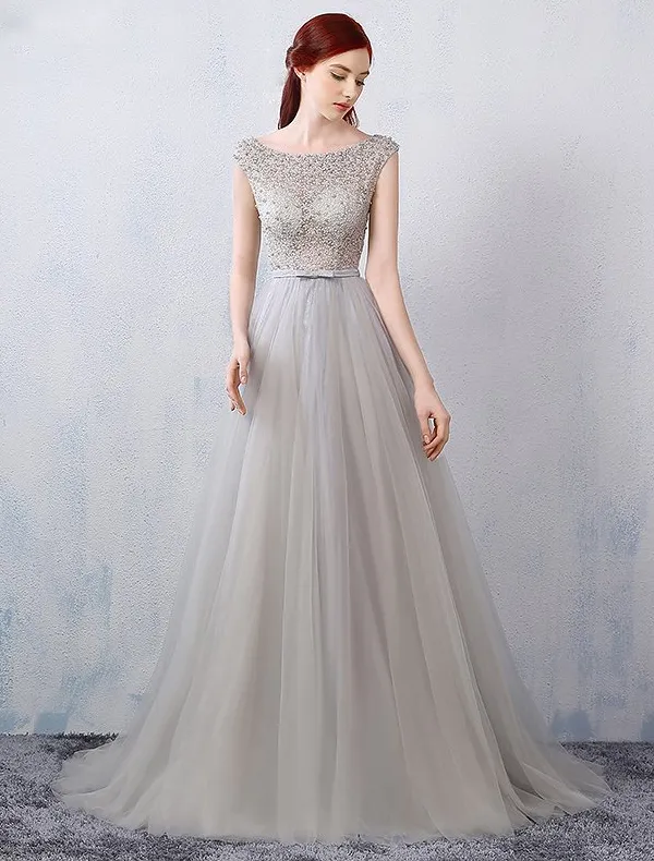 Glamourösen Abendkleider 2016 A-line Sicken Durchbohrt Design Grau Spitze Tüll Rückenfreies Kleid