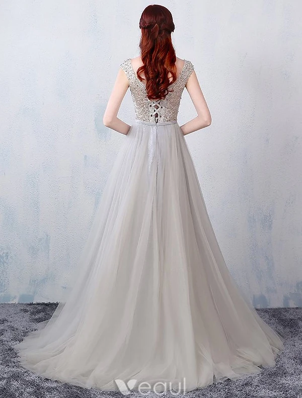 Robe De Soirée Glamour 2016 Une Ligne Perlage Conception Percée De Robe Dos Nu En Dentelle Grise En Tulle