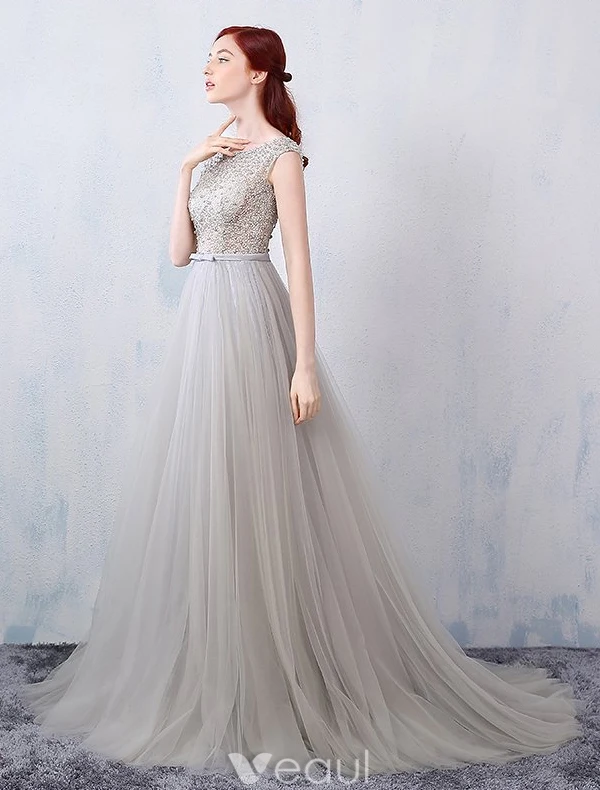 Robe De Soirée Glamour 2016 Une Ligne Perlage Conception Percée De Robe Dos Nu En Dentelle Grise En Tulle