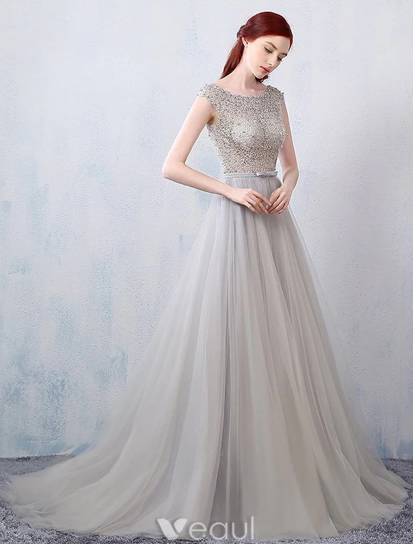 Robe De Soirée Glamour 2016 Une Ligne Perlage Conception Percée De Robe Dos Nu En Dentelle Grise En Tulle