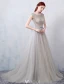 Robe De Soirée Glamour 2016 Une Ligne Perlage Conception Percée De Robe Dos Nu En Dentelle Grise En Tulle