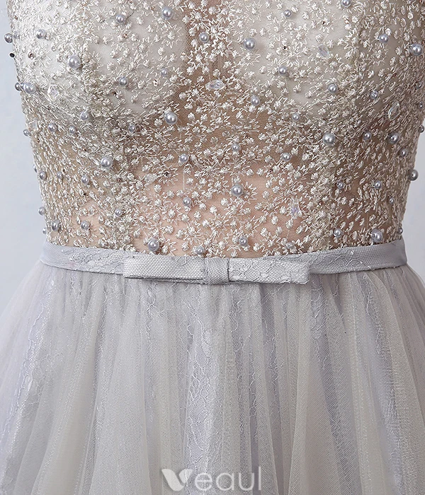 Robe De Soirée Glamour 2016 Une Ligne Perlage Conception Percée De Robe Dos Nu En Dentelle Grise En Tulle
