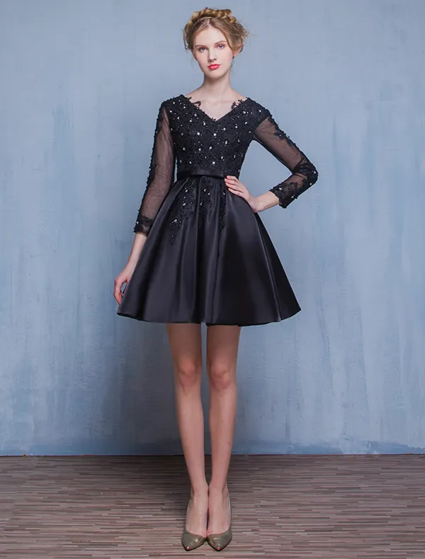 Beautiful Little Black Dresses 2016 A-line V-neck Applique Lace Black Satin Short Cocktail Dress With Sleeves
