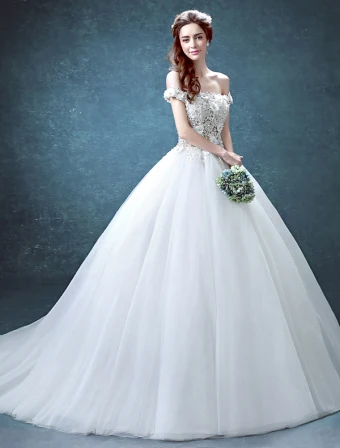 Glamorous Wedding Dresses 2016 Ball Gown Off The Shoulder Applique Lace Flowers Beading Rhinestone Ruffle Tulle Bridal Gown