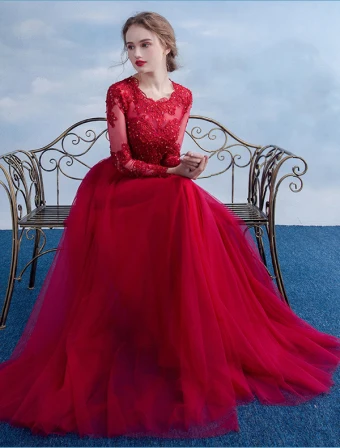 Elegant Evening Dress 2016 A Line Scoop Neck Applique Lace Ruffle Burgundy Tulle Long Dress With Long Sleeves