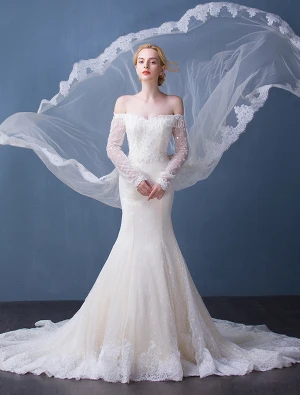 Vestidos De Novia Elegantes 2016 Sirena Fuera Del Hombro Vestido De Novia De Encaje Borla De Champán Escote Con Mangas Largas