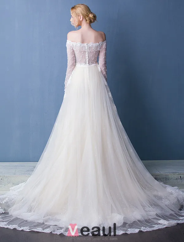 Elegant Wedding Dresses 2016 Mermaid Off The Shoulder Tassel Neckline Champagne Lace Bridal Dress With Long Sleeves