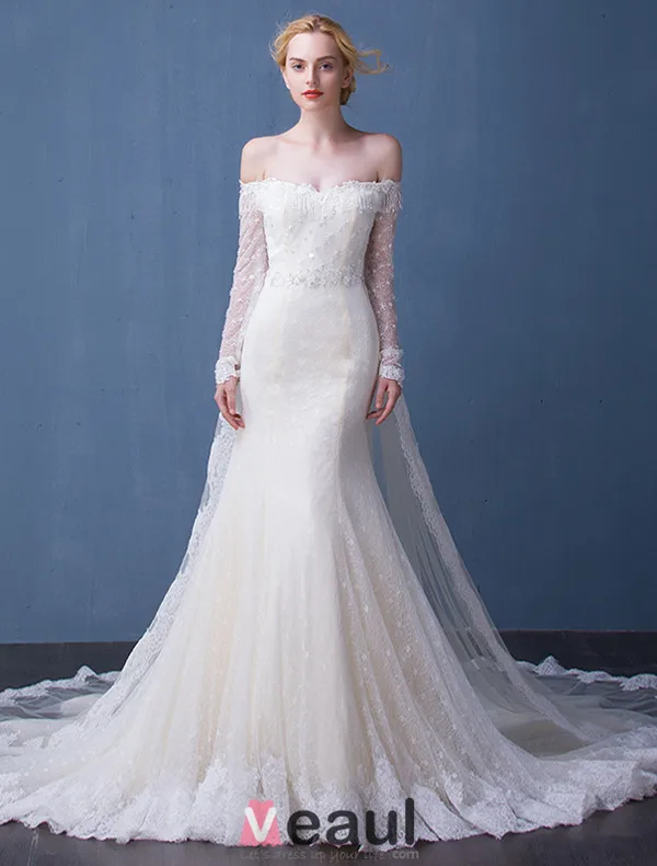 Elegant Wedding Dresses 2016 Mermaid Off The Shoulder Tassel Neckline Champagne Lace Bridal Dress With Long Sleeves
