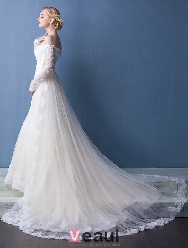 Elegant Wedding Dresses 2016 Mermaid Off The Shoulder Tassel Neckline Champagne Lace Bridal Dress With Long Sleeves