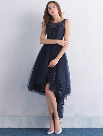 Beautiful Cocktail Dresses 2016 Scoop Neck Beading Asymmetrical Navy Blue Dress With Sash