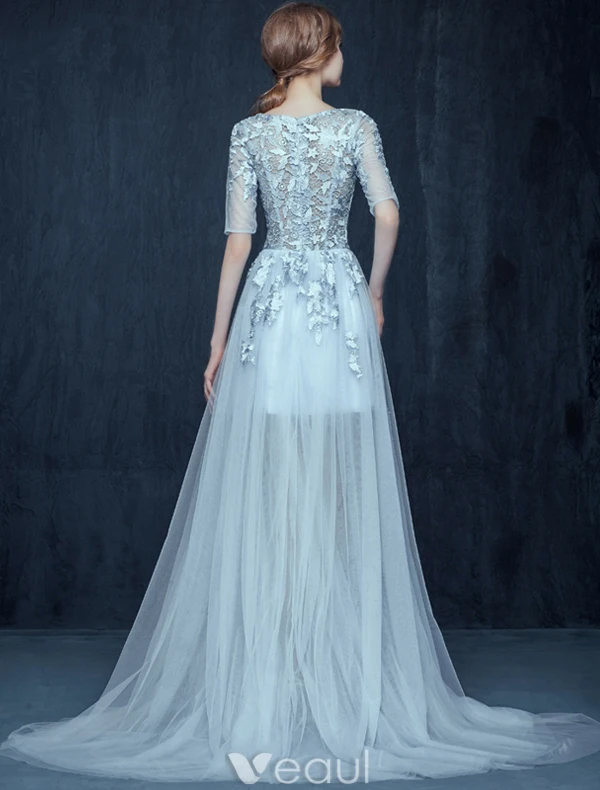 Glamour Robes De Bal Bleu Ciel 2016 Une Ligne Décolleté Dentelle Applique Robe De Conception Percé